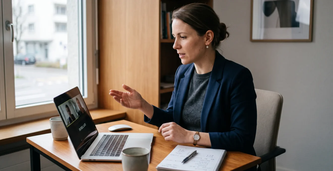 A business owner questioning an external payroll provider during a video call at his desk.