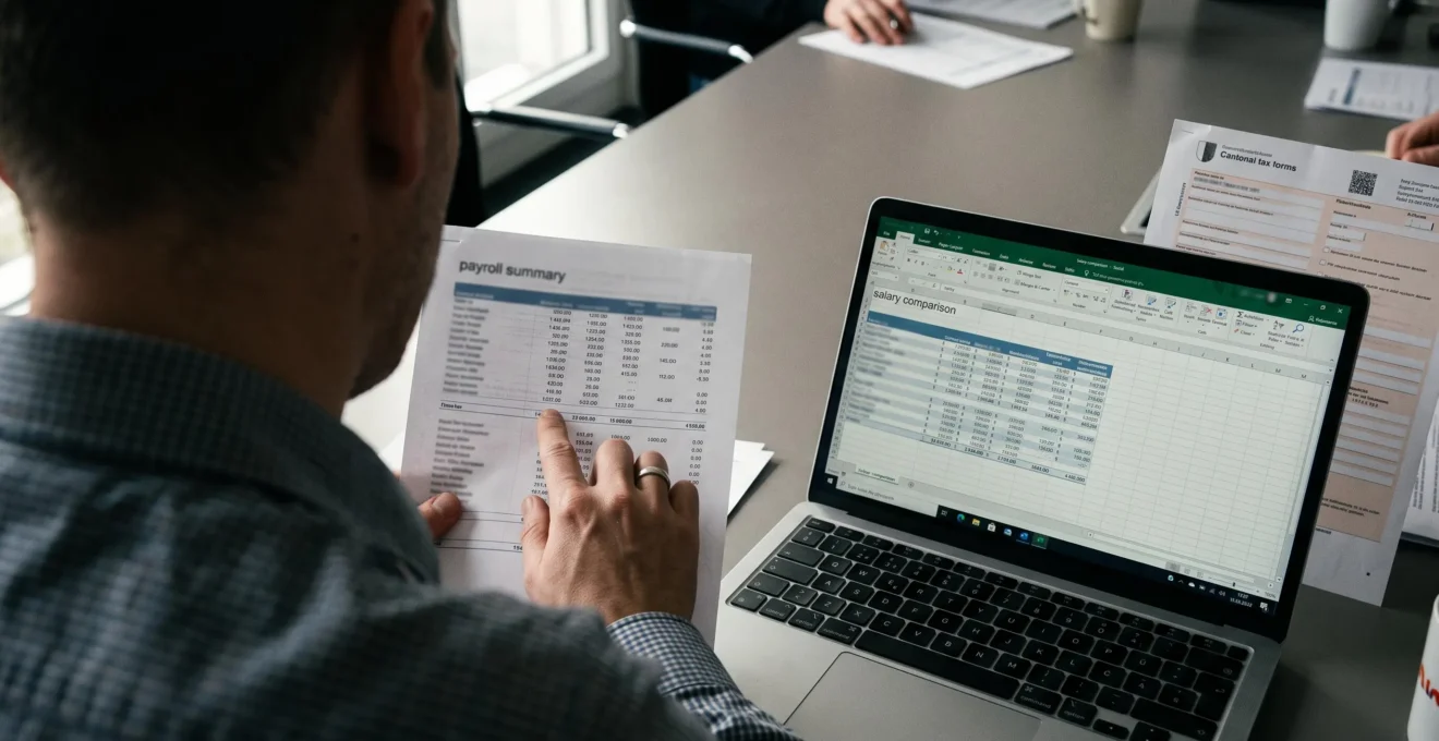 A finance manager comparing payroll documents and a laptop screen at an office table.
