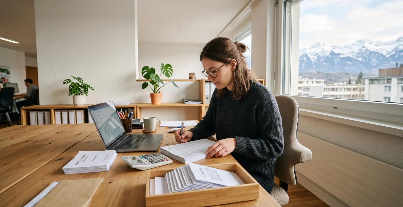 A payroll specialist preparing payslip documents at her desk in a Swiss office.