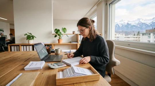 A payroll specialist preparing payslip documents at her desk in a Swiss office.